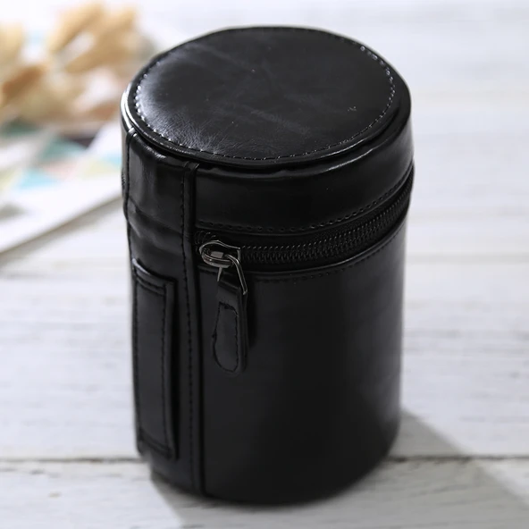 Orta Boy DSLR Kamera Lens Kılıfı Siyah PU Deri Fermuarlı 13x9x9 cm