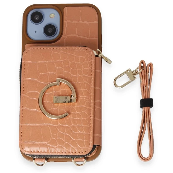İPhone 14 Uyumlu 3 Parça Açık Kahverengi Çanta Cüzdan Askılık Set Kılıf