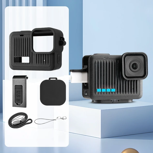 GoPro HERO 2024 Silikon Koruyucu Kılıf Yan Arayüz Kapağı Bileklik Kayışı ve Lens Kapağı Siyah
