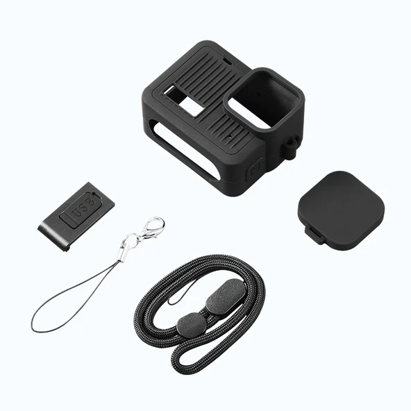 GoPro HERO 2024 Silikon Koruyucu Kılıf Yan Arayüz Kapağı Bileklik Kayışı ve Lens Kapağı Siyah - 6