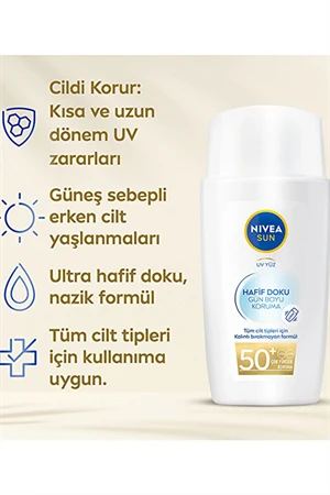 Nivea Sun Hafif Dokulu Güneş Koruyucu Yüz Kremi 50SPF 40 ml - Resim 3