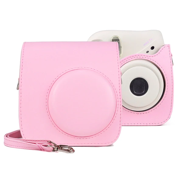 FUJIFILM Instax Mini 7 Plus Retro Tam Gövde Pembe PU Deri Kamera Çantası Askılı