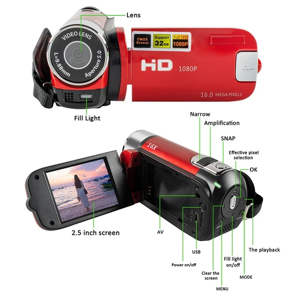 16X Dijital Zoomlu HD 16 Megapiksel Ev ve Seyahat DV Kamera Kırmızı EU Fiş - 4
