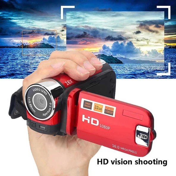 16X Dijital Zoomlu HD 16 Megapiksel Ev ve Seyahat DV Kamera Kırmızı EU Fiş - 7