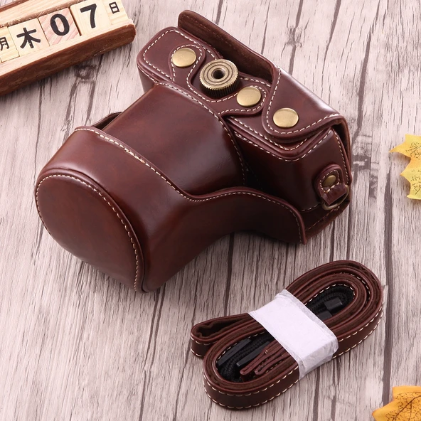 Canon EOS M10 Uyumlu Kahverengi PU Deri Kamera Çantası ve Askı