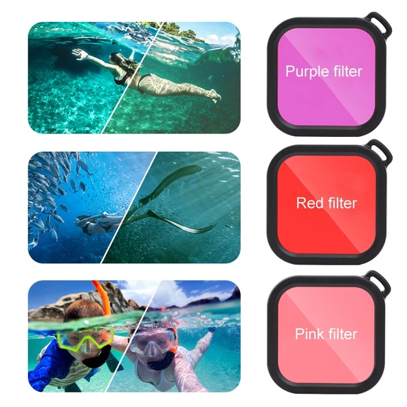 GoPro HERO8 Black Su Geçirmez Kılıf 45m Kırmızı Dokunmatik Arka Kapak ve Renkli Lens Filtresi - 5