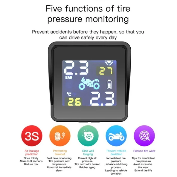 Evrensel Motosiklet Kablosuz Yüksek Hassasiyetli Güneş Enerjili TPMS Lastik Basınç Alarm Sistemi Dış Lastik Monitörü - 7