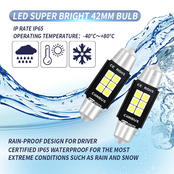 42mm 2 Adet DC12V-24V 3W 6000K 660LM 6 LED SMD-3030 Araç Okuma Lambası Plaka Lambası - 8