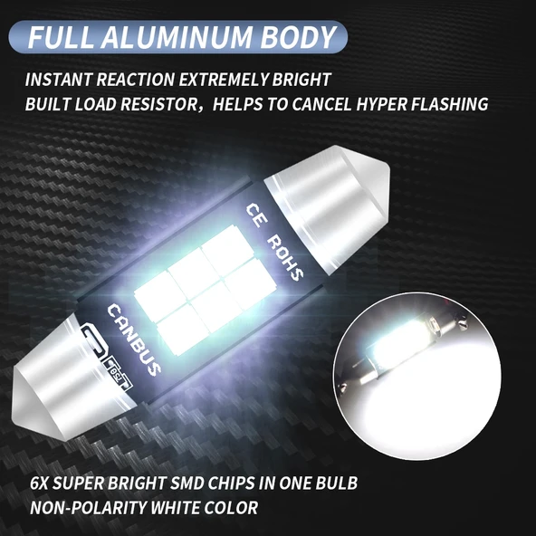 42mm 2 Adet DC12V-24V 3W 6000K 660LM 6 LED SMD-3030 Araç Okuma Lambası Plaka Lambası - 7