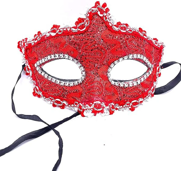 Kırmızı Renk Gözler Kristal Taşlı Dantelli Parti Maskesi - Resim 3