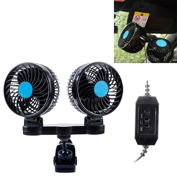 HUXIN HX T605 7W Ayarlanabilir Döner Klipsli Çift Başlıklı Düşük Gürültülü Mini Elektrikli Araç Vantilatörü DC12V