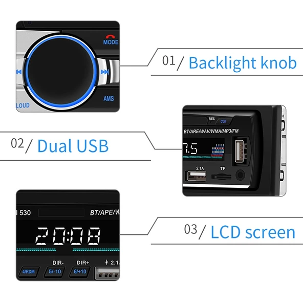 SWM-530 12V Evrensel Araç Çift USB Şarj Cihazı Radyo Alıcısı MP3 Çalar FM ve Bluetooth Destekli Uzaktan Kumandalı - 4