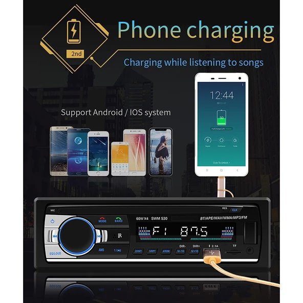 SWM-530 12V Evrensel Araç Çift USB Şarj Cihazı Radyo Alıcısı MP3 Çalar FM ve Bluetooth Destekli Uzaktan Kumandalı - 9