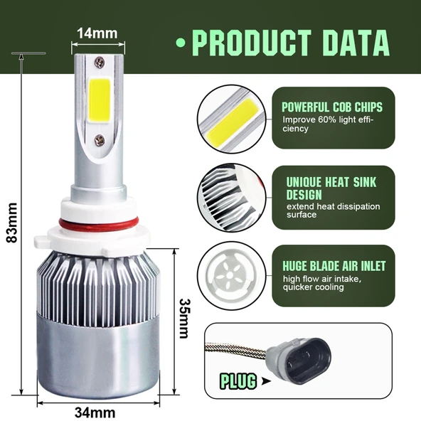2 Adet C9 9006 Model 18W 1800LM 6000K Beyaz Işık Su Geçirmez IP68 Araba LED Far COB LED Lambalı DC 9-36V - 3