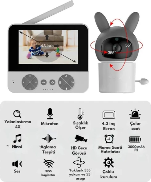 Bebek Kamerası Kumandalı Monitörlü Karşılıklı Konuşma Özellikli Hatırlatıcılı Ip Bebek Kamerası - 2