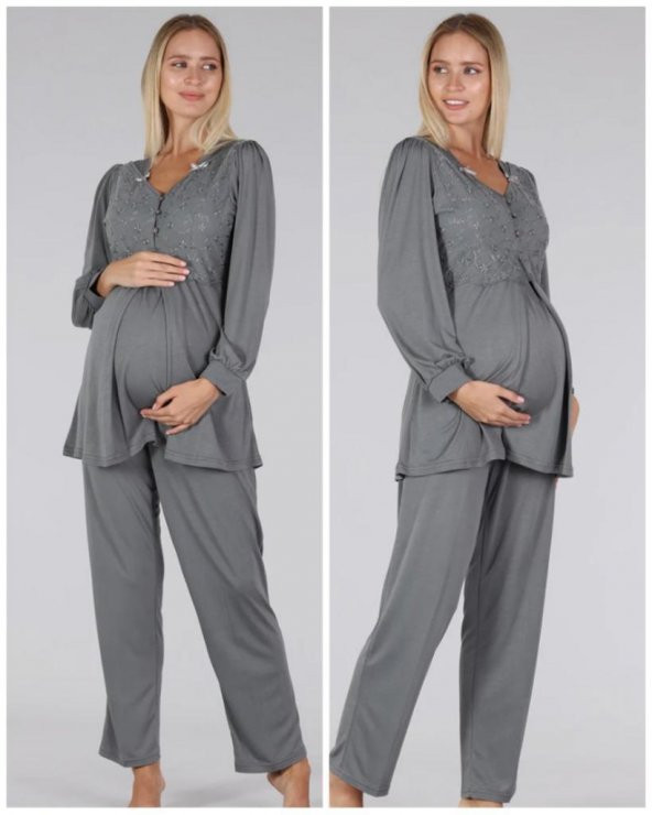 Bone Club 5306 Gri V Yaka Dantelli Lohusa Pijama Tk - 3
