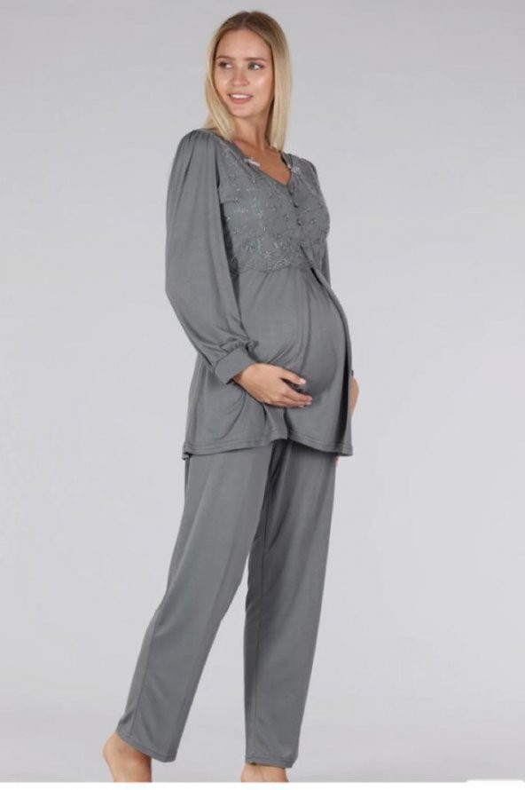 Bone Club 5306 Gri V Yaka Dantelli Lohusa Pijama Tk - 4