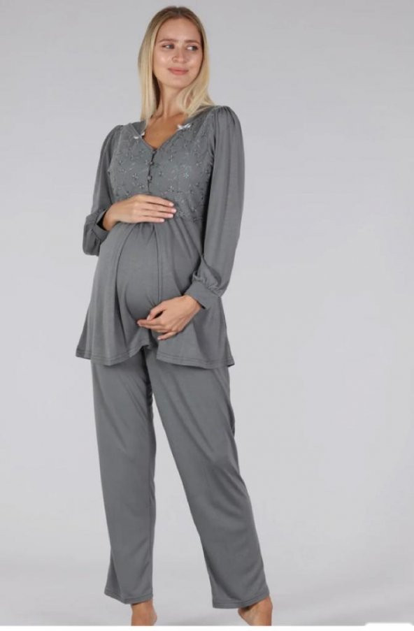 Bone Club 5306 Gri V Yaka Dantelli Lohusa Pijama Tk - 5