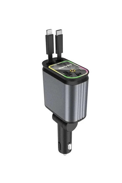 4'ü 1 arada Çift USB Bağlantı Noktalı, Type-C PD Hızlı Şarjlı 66W,Geri Çekilebilir Araç Telefonu Şarj Cihazı