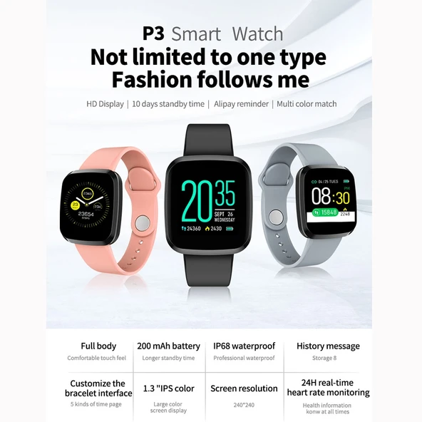 P3 1.3 İnç IPS Renkli Ekran IP68 Su Geçirmez Akıllı Saat Bileklik Siyah - 3