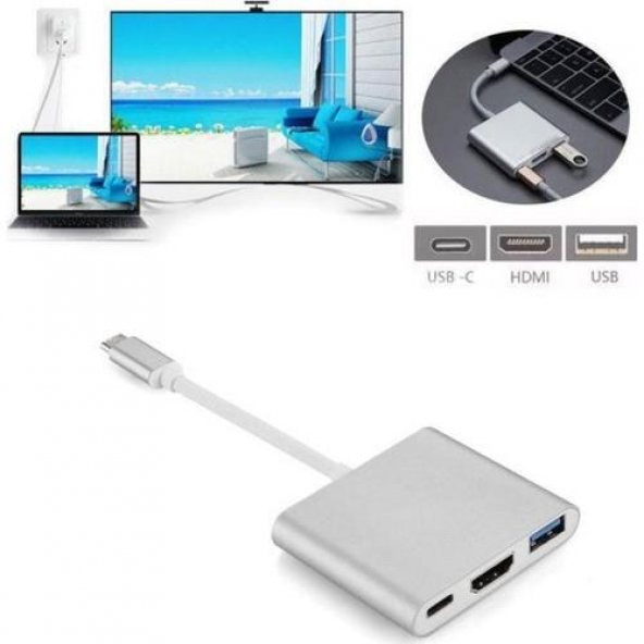 Type-C To HDMI USB 3.0 Çevirici 3in 1 Dönüştürücü Adaptör - 3