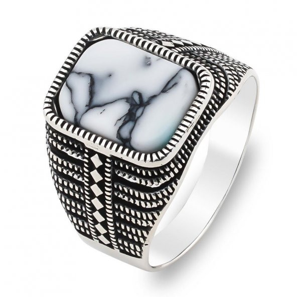 Beyaz Firuze Taşlı 925 Ayar Gümüş Erkek Yüzük - Resim 3