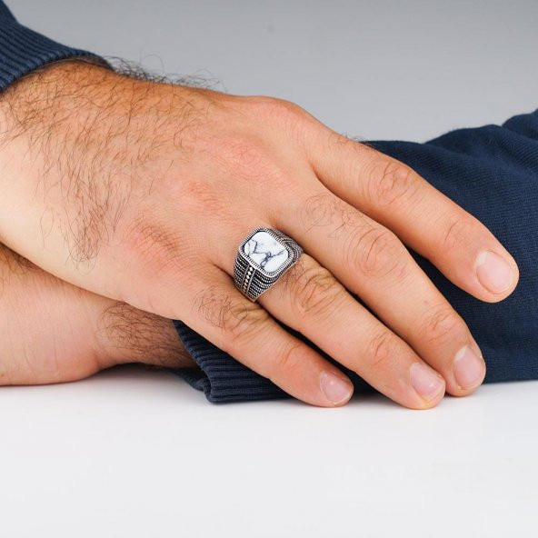 Beyaz Firuze Taşlı 925 Ayar Gümüş Erkek Yüzük - Resim 2