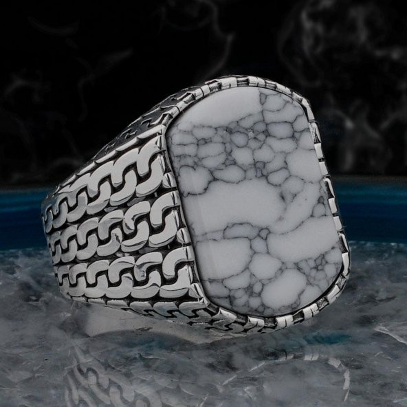 Beyaz Firuze Taşlı Zincir Tasarımlı 925 Ayar Gümüş Erkek Yüzük ürün görseli 1