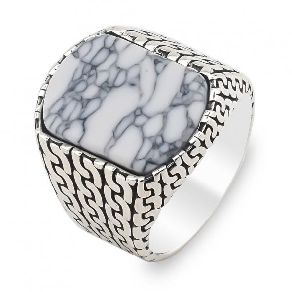 Beyaz Firuze Taşlı Zincir Tasarımlı 925 Ayar Gümüş Erkek Yüzük - Resim 3