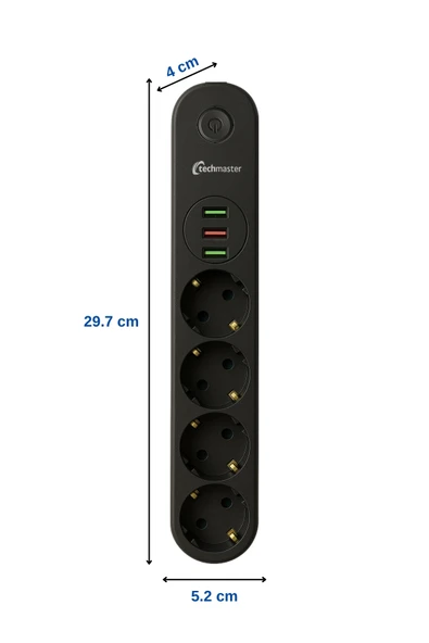 Techmaster 3 Usbli Akım Çocuk Korumalı 4lü Priz 2mt Siyah - 4