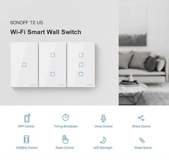 Sonoff T2 Dokunmatik 120mm Temperli Cam Panel Duvar Anahtarı Akıllı Ev Işığı Dokunmatik Anahtar Alexa ve Google Home Uyumlu US Priz - 3