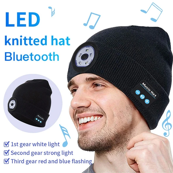 Outdoor Gece Koşusu ve Balıkçılık için LED Işıklı Bluetooth 50 Örgü Bere Lacivert - 3