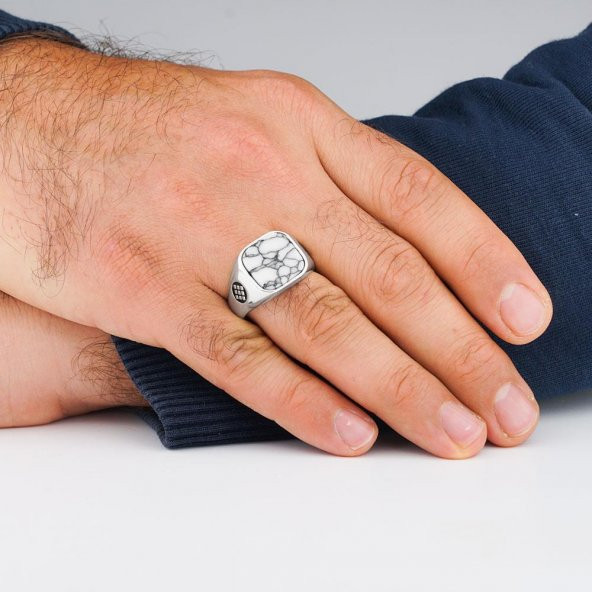 Beyaz Firuze Taşlı Kare Sade Model Gümüş Erkek Yüzük - Resim 2