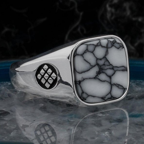 Beyaz Firuze Taşlı Kare Sade Model Gümüş Erkek Yüzük ürün görseli