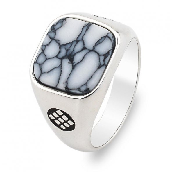 Beyaz Firuze Taşlı Kare Sade Model Gümüş Erkek Yüzük - Resim 3