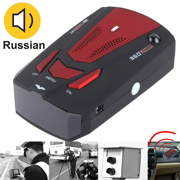 Yüksek Performanslı 360 Derece Tam Bant Tarama Araç Hız Test Sistemi Radar Dedektörü Rusça Sesli Yayın Siyah Kırmızı