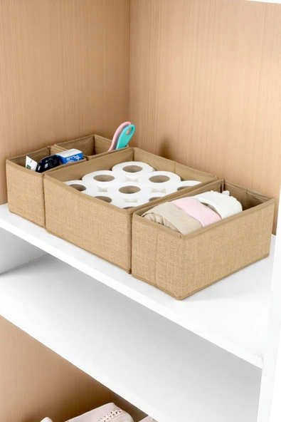 İronika Jüt Kumaş 4 lü Düzenleyici Dolap ve Çekmece İçi Takı Kozmetik Çorap Çamaşır Kutu Organizeri