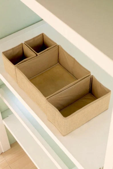 İronika Jüt Kumaş 4 lü Düzenleyici Dolap ve Çekmece İçi Takı Kozmetik Çorap Çamaşır Kutu Organizeri - 2