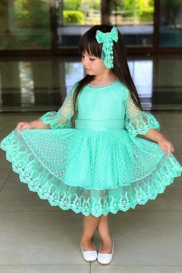 Kız Çocuk Prenses Güpürlü Yeşil Elbise
