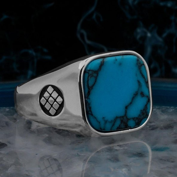 Mavi Turkuaz Taşlı Kare Tasarımlı 925 Ayar Gümüş Erkek Yüzük ürün görseli 1