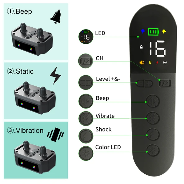 T15 Su Geçirmez Titreşimli ve Şoklu Elektronik Köpek Eğitim Tasması Siyah - 2