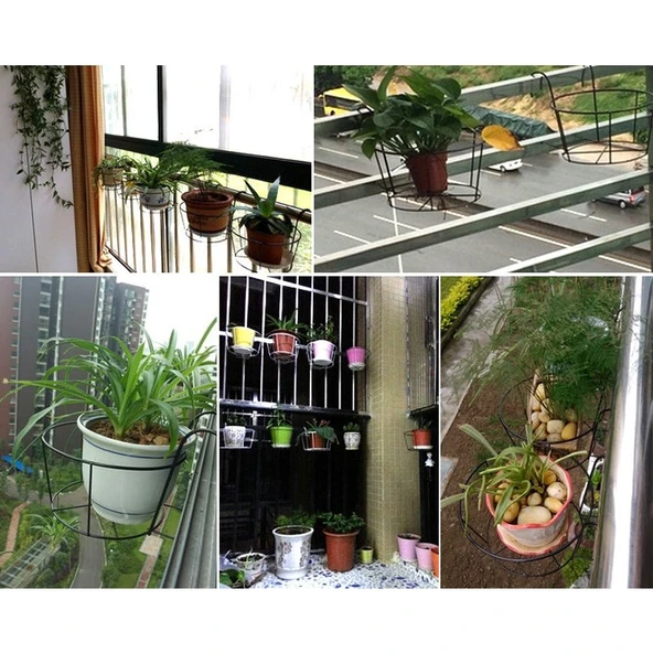 Siyah Renkli Balkon Korkuluk Yuvarlak Metal Çiçek Standı Duvara Monte - 6