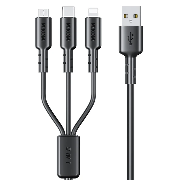 WEKOME WDC 02 Tidal Enerji Serisi 3A USB to 8 Pin Type C Micro USB 3 in 1 PVC Data Kablosu Siyah 1.2m