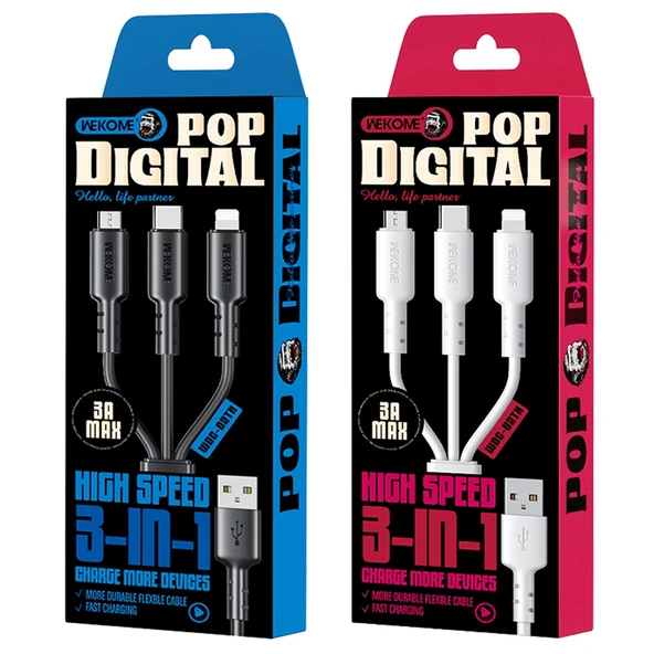 WEKOME WDC 02 Tidal Enerji Serisi 3A USB to 8 Pin Type C Micro USB 3 in 1 PVC Data Kablosu Siyah 1.2m - 3