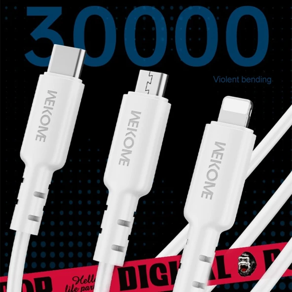 WEKOME WDC 02 Tidal Enerji Serisi 3A USB to 8 Pin Type C Micro USB 3 in 1 PVC Data Kablosu Siyah 1.2m - 6