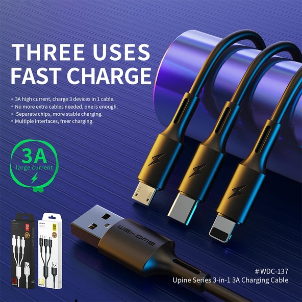 WK WDC-137 3 in 1 Hızlı Şarj Kablosu USB Micro USB 8 Pin USB-C Beyaz 1.2m 3A - 4