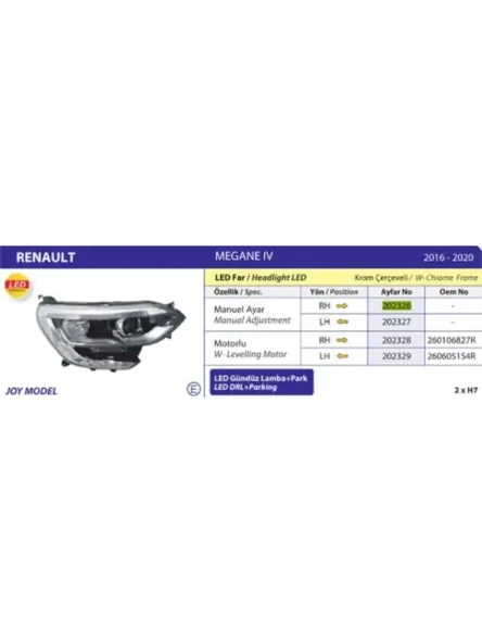 ON FAR SOL MEGANE IV JOY MODEL LEDLI KROM CERCEVELI 1620 MOTORLU
