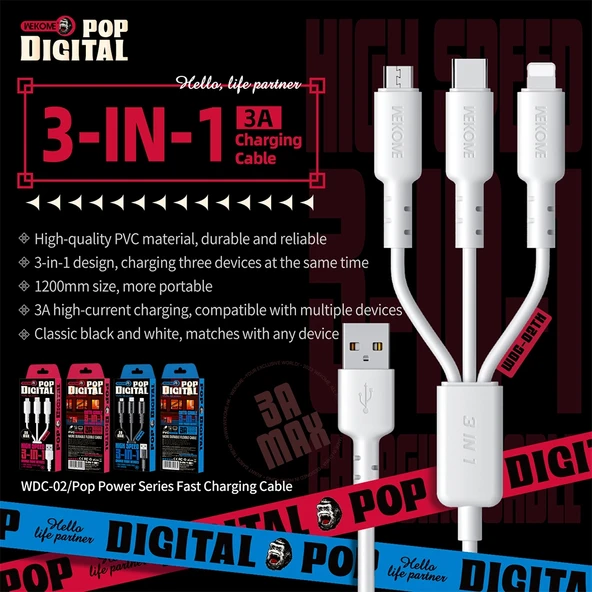 WEKOME WDC 02 Tidal Enerji Serisi 3A USB to 8 Pin Type C Micro USB 3 in 1 PVC Data Kablosu Siyah 1.2m - 4