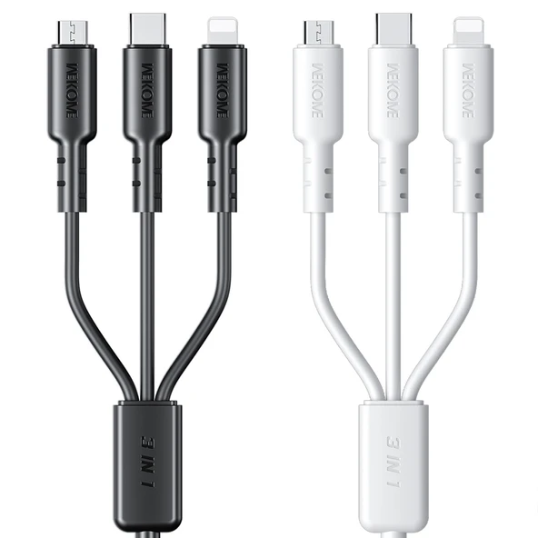 WEKOME WDC 02 Tidal Enerji Serisi 3A USB to 8 Pin Type C Micro USB 3 in 1 PVC Data Kablosu Siyah 1.2m - 2