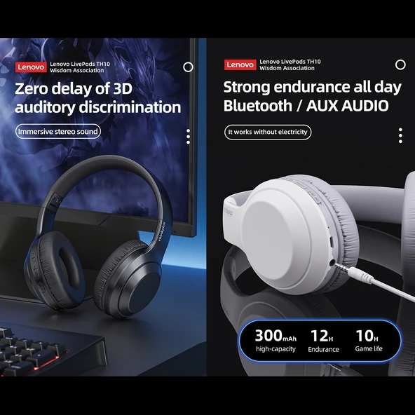 Lenovo TH10 Kablosuz Bluetooth Oyuncu Kulaklığı Siyah Gürültü Engelleme - 6